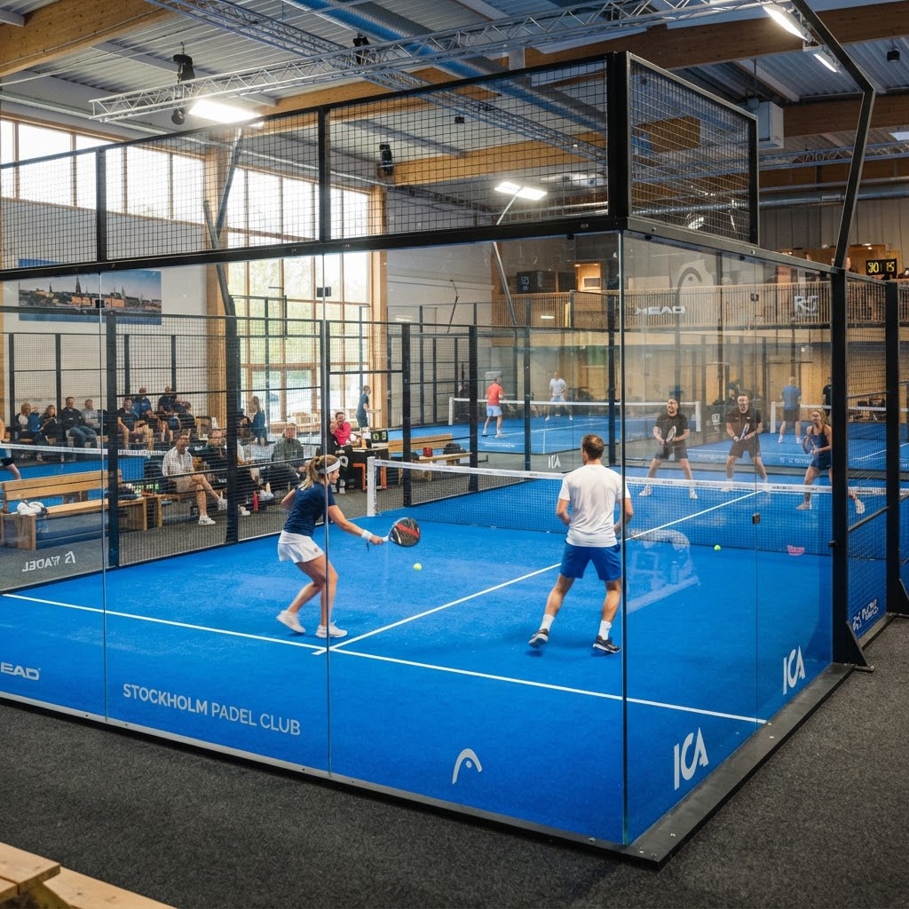 An indoor padel court, mid-game