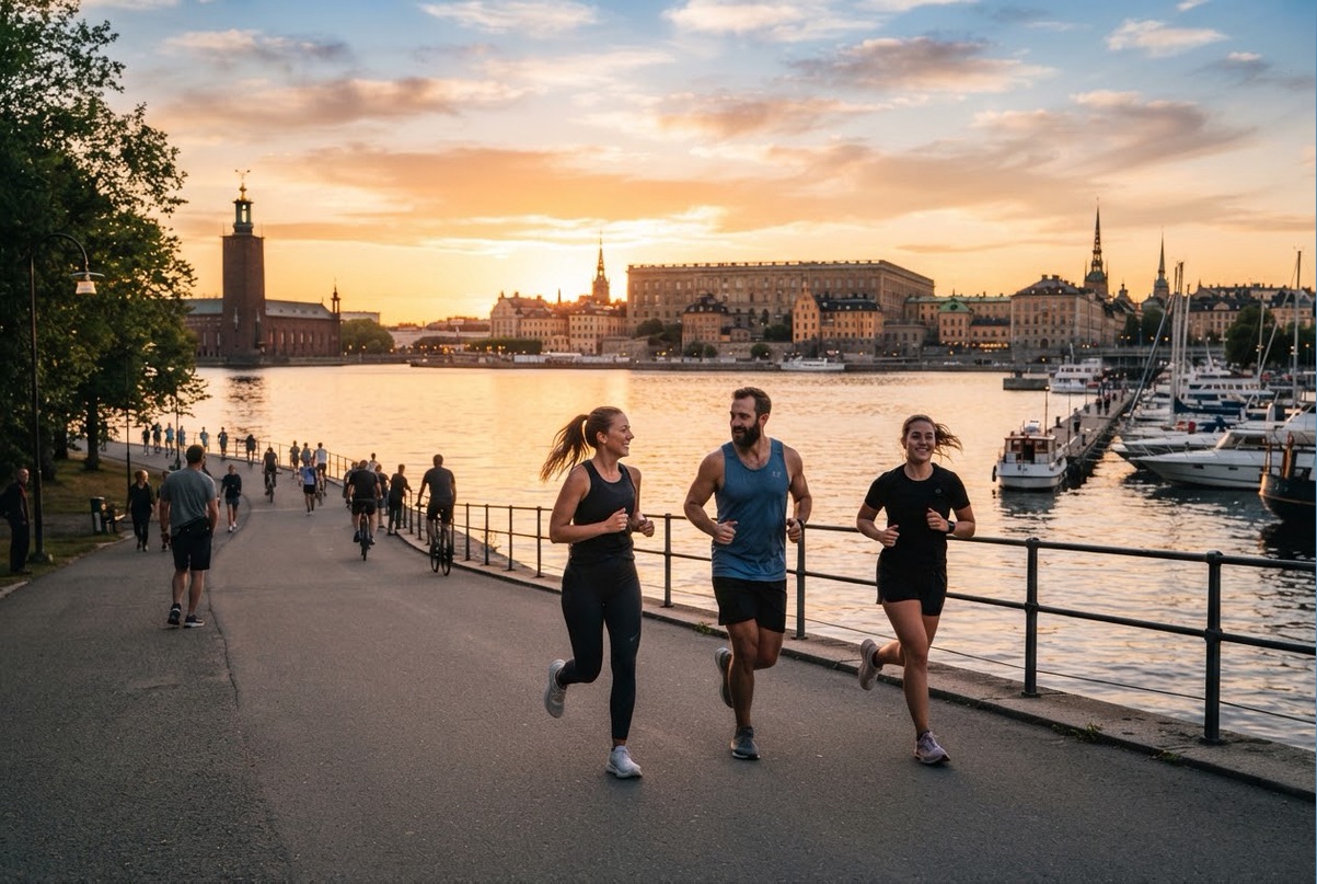 Three people running along the Stockholm waterfront at sunset, the City Hall tower behind them